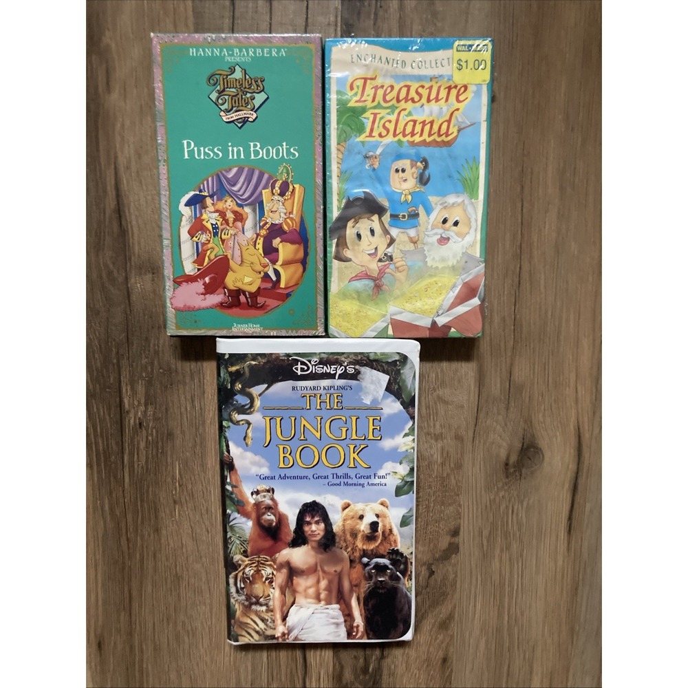 VHS Lot of 3 Jungle‎ Book, Puss In Boot, Treasure Island, Children's Movies